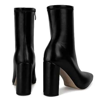 ISNOM Black Booties for Women Ankle Boots for Women Black Gogo Boots Chunky Heel Boots for Women Ankle Booties for Women Black Boots Short Heel Heeled Boots Leather Boots Women Girls Boots