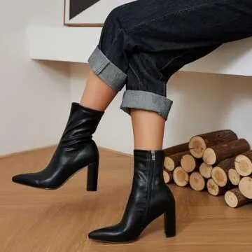 ISNOM Black Booties for Women Ankle Boots for Women Black Gogo Boots Chunky Heel Boots for Women Ankle Booties for Women Black Boots Short Heel Heeled Boots Leather Boots Women Girls Boots