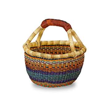 African Market Basket, Small Round Woven Straw Basket with Handle Fair Trade Storage Container