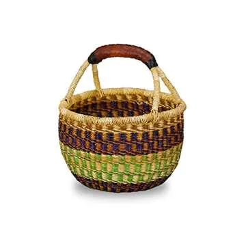 African Market Basket, Small Round Woven Straw Basket with Handle Fair Trade Storage Container