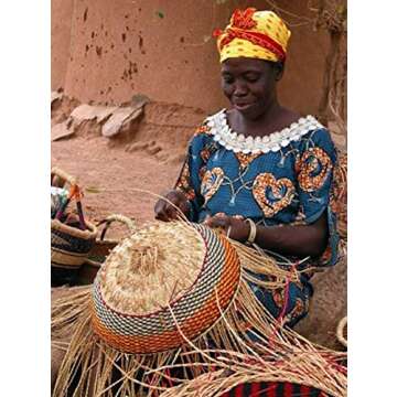 African Market Basket, Small Round Woven Straw Basket with Handle Fair Trade Storage Container