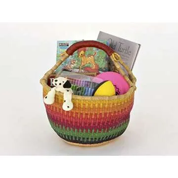 African Market Basket, Small Round Woven Straw Basket with Handle Fair Trade Storage Container