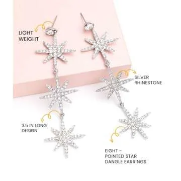Blingsoul Silver Star Dangle Earrings – Silver Rhinestone Earrings Dangling Style with Hexagram Star Earrings for Women Brides | [J100047] Star Snowflakes | Silver