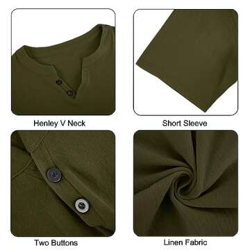 Angbater Casual Men's Linen Henley Shirt Short Sleeve Hippie Beach T Shirts Summer Lightweight Tropical Tee Green