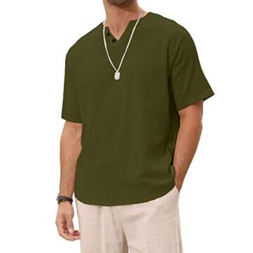 Angbater Casual Men's Linen Henley Shirt Short Sleeve Hippie Beach T Shirts Summer Lightweight Tropical Tee Green