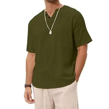Angbater Casual Men's Linen Henley Shirt Short Sleeve Hippie Beach T Shirts Summer Lightweight Tropical Tee Green