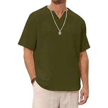 Angbater Casual Men's Linen Henley Shirt Short Sleeve Hippie Beach T Shirts Summer Lightweight Tropical Tee Green