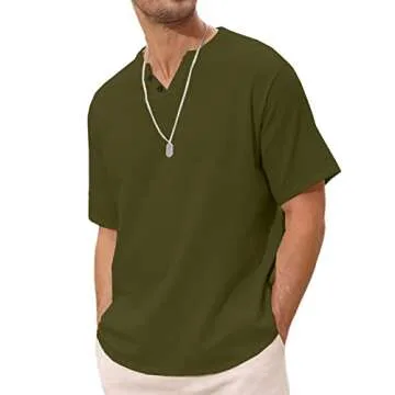 Angbater Casual Men's Linen Henley Shirt Short Sleeve Hippie Beach T Shirts Summer Lightweight Tropical Tee Green