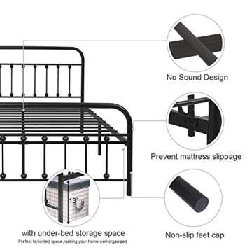 NACHTIMOOR Queen Platform Metal Bed Frame with Headboard and Footboard,Vintage Victorian Style Mattress Foundation, No Box Spring Required, Under Bed Storage, Black..