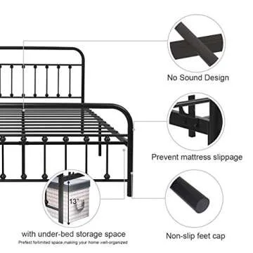 NACHTIMOOR Queen Platform Metal Bed Frame with Headboard and Footboard,Vintage Victorian Style Mattress Foundation, No Box Spring Required, Under Bed Storage, Black..