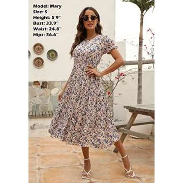 Elegant Women Floral Print Puff Sleeve Dress with Pockets