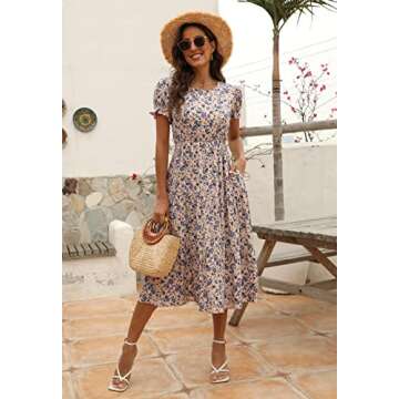 Elegant Women Floral Print Puff Sleeve Dress with Pockets