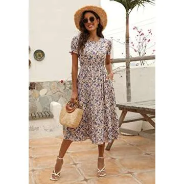 Elegant Women Floral Print Puff Sleeve Dress with Pockets