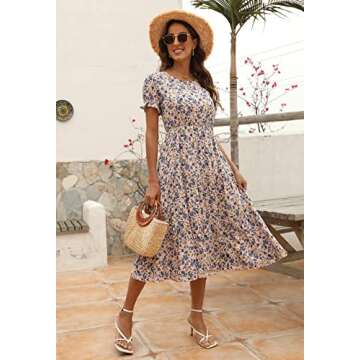 Elegant Women Floral Print Puff Sleeve Dress with Pockets