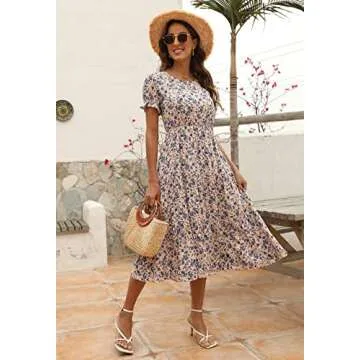 Elegant Women Floral Print Puff Sleeve Dress with Pockets