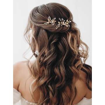 SWEETV 2Pcs Bridal Hair Accessories Pearl Bride Wedding Hair Pins Leaf Bridal Head Piece Rhinestones Hair Jewelry Gold Hair Accessories for Women and Girls