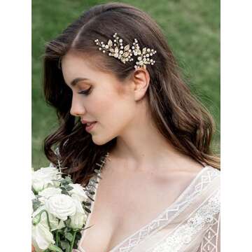 SWEETV 2Pcs Bridal Hair Accessories Pearl Bride Wedding Hair Pins Leaf Bridal Head Piece Rhinestones Hair Jewelry Gold Hair Accessories for Women and Girls