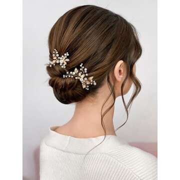 SWEETV 2Pcs Bridal Hair Accessories Pearl Bride Wedding Hair Pins Leaf Bridal Head Piece Rhinestones Hair Jewelry Gold Hair Accessories for Women and Girls