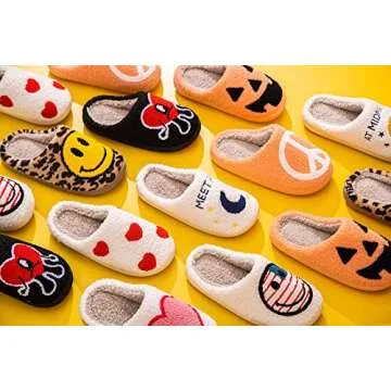 NEVEROLD Fun Cute Trendy Cartoon Illustrated Smile Face and Characters Colorful Comfort Cozy Plush Warm Fluffy Fur Slip On Cushion Slippers for Girls and Women (Big Heart, medium)