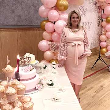 Floral Mesh Bishop Long Sleeve Maternity Midi Dress - Chic Bodycon Dress for Baby Showers