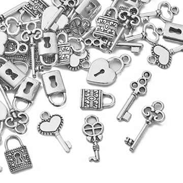 KitBeads 50pcs Mixed Style Antique Silver Lock Charms Tibetan Victorian Skeleton Key Charm for Jewerly Making Bracelets Necklace Earrings Bulk