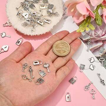 KitBeads 50pcs Mixed Style Antique Silver Lock Charms Tibetan Victorian Skeleton Key Charm for Jewerly Making Bracelets Necklace Earrings Bulk