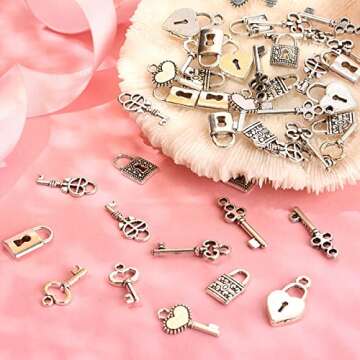 KitBeads 50pcs Mixed Style Antique Silver Lock Charms Tibetan Victorian Skeleton Key Charm for Jewerly Making Bracelets Necklace Earrings Bulk