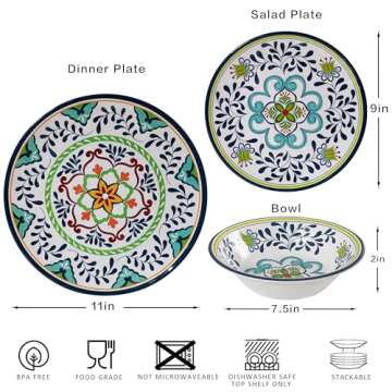 ZAROCRUS 12 pcs Talavera Melamine Dinnerware Set, Service for 4 Melamine Plates and Bowls Set, Unbreakable Dishes Dinnerware Set, Great for RVs, Camping, BPA Free and Dishwasher Safe