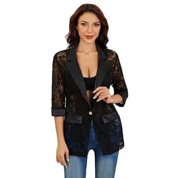 WDIRARA Women's Floral Lace Mesh One Button Lapel Neck Long Sleeve Elegant Jacket Blazer Black Mid Sleeve S