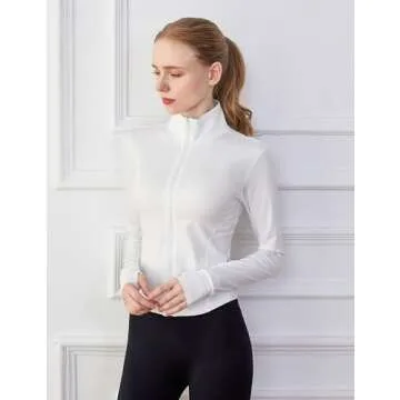 Tanming Women's Full Zip Seamless Workout Jacket Running Yoga Slim Fit Track Jacket（White-M）