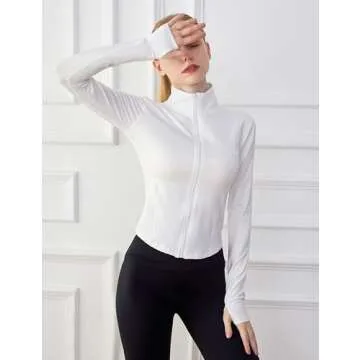 Tanming Women's Full Zip Seamless Workout Jacket Running Yoga Slim Fit Track Jacket（White-M）
