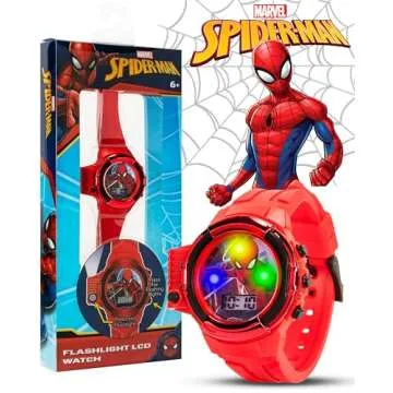 Accutime Kids Marvel Spiderman Red Digital LCD Quartz Wrist-Watch with Flashlight and Red Strap for ...