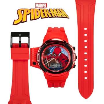 Accutime Kids Marvel Spiderman Red Digital LCD Quartz Wrist-Watch with Flashlight and Red Strap for Boys, Girls and Toddlers (Model: SPD4747AZ)
