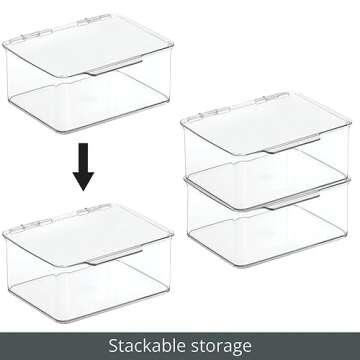 mDesign Plastic Kitchen Pantry and Fridge Storage Organizer Box Containers w/Hinged Lid for Shelves or Cabinets, Holds Food, Snacks, Seasoning, Condiments, Utensils, Lumiere Collection, 4 Pack, Clear