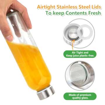 Zukro Glass Juice Bottles with Lids for Juicing 18 oz, Reusable Clear Glass Water Bottles with Stainless Steel Airtight Cap for Refrigerator, 100% Leak Proof, BPA Free, Set of 6