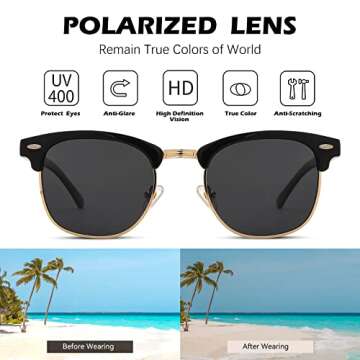 Pro Acme Classic Semi Rimless Polarized Sunglasses with Metal Rivets (Black/Gold Rimmed)