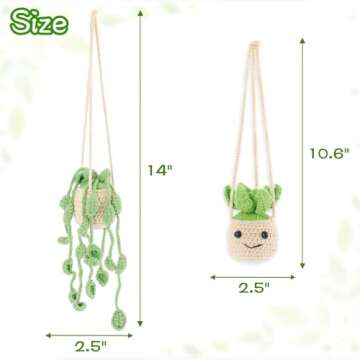 Vansolinne 2 Pcs Cute Car Accessories Crochet Plants Hanging Baskets Green Succulent for Rearview Mi...