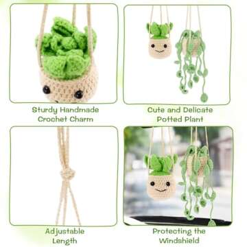 Vansolinne 2 Pcs Cute Car Accessories Crochet Plants Hanging Baskets Green Succulent for Rearview Mirror Decor Car Ornament Interior Aesthetic Plant Lovers Gifts for Women and Men Drivers