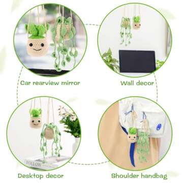 Vansolinne 2 Pcs Cute Car Accessories Crochet Plants Hanging Baskets Green Succulent for Rearview Mirror Decor Car Ornament Interior Aesthetic Plant Lovers Gifts for Women and Men Drivers