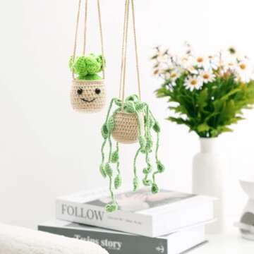 Vansolinne 2 Pcs Cute Car Accessories Crochet Plants Hanging Baskets Green Succulent for Rearview Mirror Decor Car Ornament Interior Aesthetic Plant Lovers Gifts for Women and Men Drivers