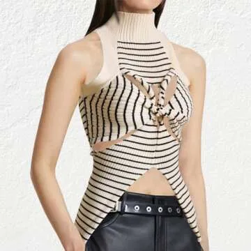 Women Strapless Crop Top Sexy Hollow Out Twist Front Knitted Tank Tops Sleeveless Y2K High Neck Cut Out Sweater Vest