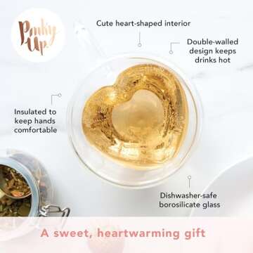 Pinky Up Kendall Heart Shaped Glass Tea Cups with Handle, Double Walled Coffee Mugs, Drinking Glasse...