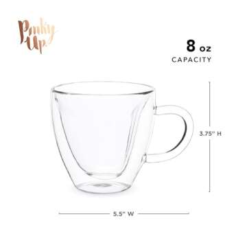 Pinky Up Kendall Heart Shaped Glass Tea Cups with Handle, Double Walled Coffee Mugs, Drinking Glasses for Hot Chocolate Milk, Latte, Eggnog, Cocktails, Mocktails, Smoothies, Home Kitchen 8 oz Set of 1