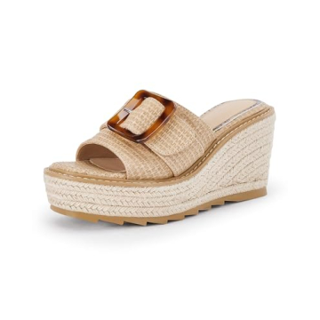 Coutgo Women's Wedge Sandals Open Toe Platform Espadrille Heels Buckle Slip On Casual Summer Slide Shoes, Khaki, Size 5.5