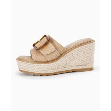 Coutgo Women's Wedge Sandals Open Toe Platform Espadrille Heels Buckle Slip On Casual Summer Slide Shoes, Khaki, Size 5.5