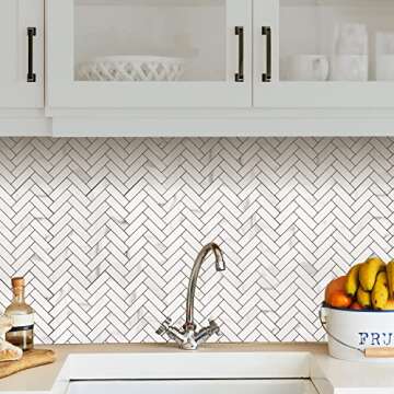 STICKGOO 10 Sheets Herringbone Peel and Stick Backsplash, Stick on Aluminum Composite PVC Kitchen Ba...