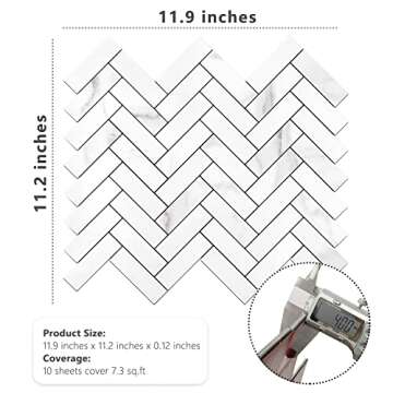 STICKGOO 10 Sheets Herringbone Peel and Stick Backsplash, Stick on Aluminum Composite PVC Kitchen Backsplash, Marble White Mixed Light Grey Look Self Adhesive Wall Tiles