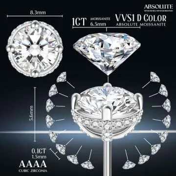 Moissanite Earrings for Women Sterling Silver Stud Earrings Studs 2 Carat Hypoallergenic Earrings For Women Gifts for Her Birthday ABSOLUTE