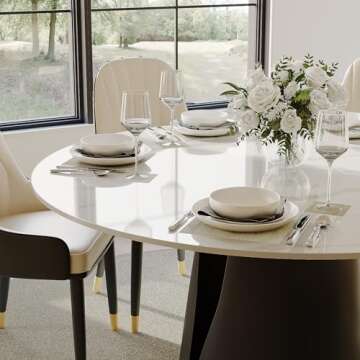 POVISON Modern Round Dining Table for 4, Marble Dining Room Table Round 47" Matte White Sintered Stone Tabletop with Solid Black Carbon Steel Pedestal, Circle Dining Table for Kitchen(Table Only)