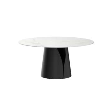 POVISON Modern Round Dining Table for 4, Marble Dining Room Table Round 47" Matte White Sintered Stone Tabletop with Solid Black Carbon Steel Pedestal, Circle Dining Table for Kitchen(Table Only)